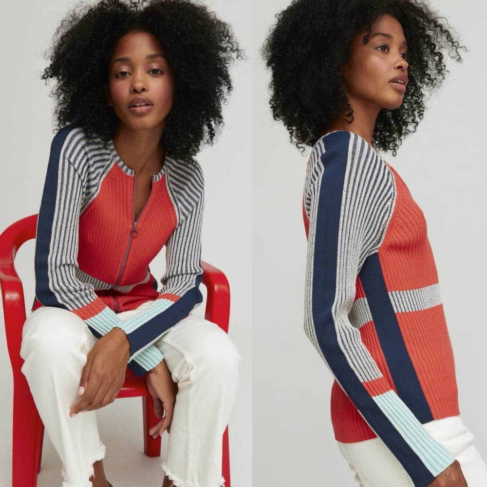 Colorblock Zip-Front Ribbed Jacket - Orange & Navy